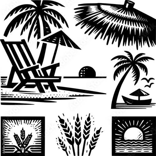 Beachside Serenity: Black and white illustrations of idyllic beach scenes, evoking a sense of calm and vacation bliss. 