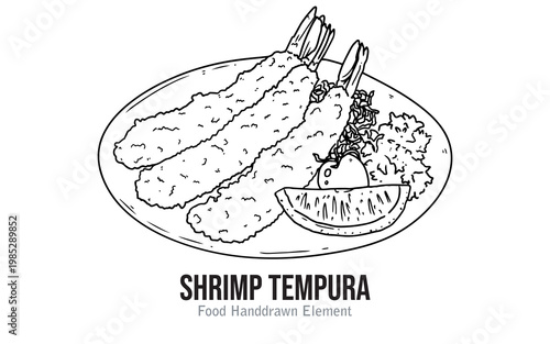 A hand-drawn illustration of a plate of shrimp tempura with a lemon wedge and garnish.