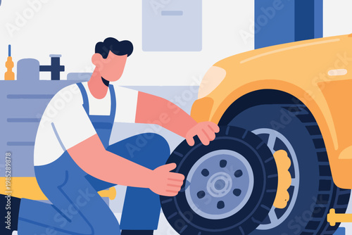 Illustration Of A Mechanic Changing A Car Tire In A Workshop Vector Design Template