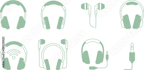 Headphones and earphones icon set in minimal flat style featuring audio devices for music listening communication and mobile applications