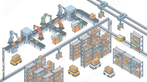 Isometric Smart Warehouse and Automated Factory Production Line with Robotic Arms and Conveyor Belts for Logistics and Industry 4.0 Presentation