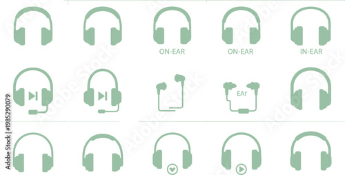 Headphones and earphones icon set in minimal flat style featuring audio devices variations for music listening and communication applications
