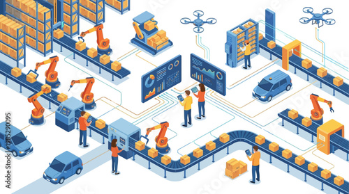 Isometric Smart Warehouse and Automated Logistics Factory with Robotic Arms, Delivery Drones, and Supply Chain Management Dashboards for Industrial Digital Transformation and Distribution Concept