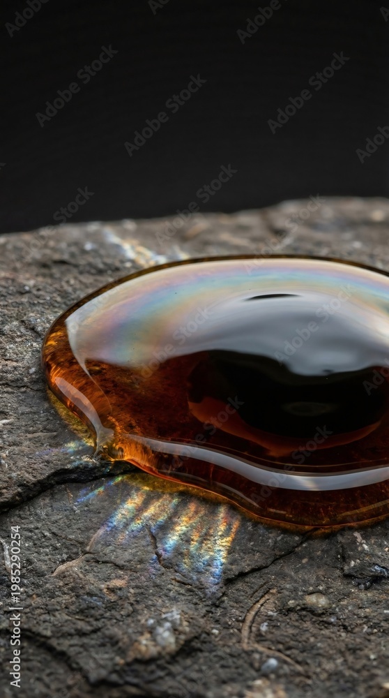 Fototapeta premium Macro view of thick oil spill with iridescent rainbow reflection on dark rock representing pollution