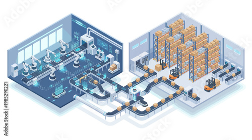 Isometric Smart Factory and Automated Warehouse Illustration with Robotic Arms and Conveyor Belts for Industry 4.0 Digital Transformation Concepts