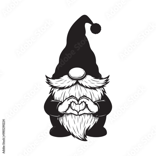 Black and white illustration of a gnome making a heart shape with his hands isolated on white background
