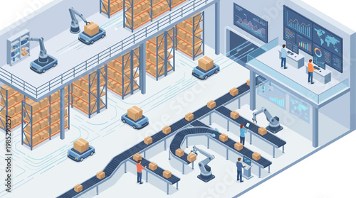 Isometric Smart Warehouse with Automated Robotics and Conveyor Belts, Digital Logistics Center and Supply Chain Management Infographic, Modern Industrial Automation Concept for Business Presentation