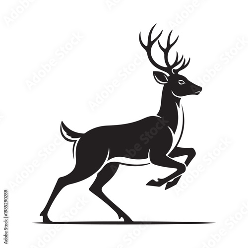 Black silhouette of a running deer with antlers isolated on white background