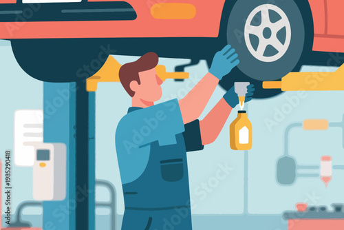 Illustration Of A Male Mechanic Changing The Oil In A Car Vector Design Template