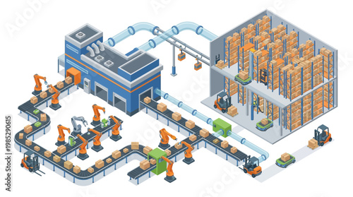 Isometric Smart Factory and Warehouse Logistics with Robotic Assembly Line and Automated Conveyor System for Industrial Automation and Supply Chain Management