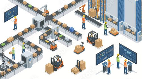 Isometric Smart Warehouse Automation with Robotic Conveyor Systems and Logistics Workers for Digital Industry 4.0 Presentation and Supply Chain Management