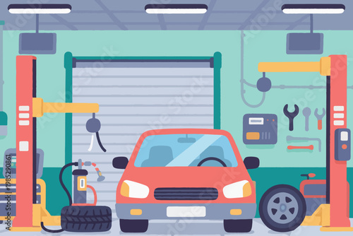 Illustration Of A Car Service Workshop Work Area With Professional Workshop Equipment And Vehicles Vector Design Template