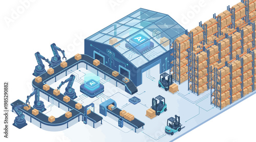 Isometric Smart Warehouse with AI Robotic Automation and Conveyor Systems for Logistics and Supply Chain Management