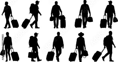 Diverse people silhouettes with luggage, traveling and commuting vector illustration