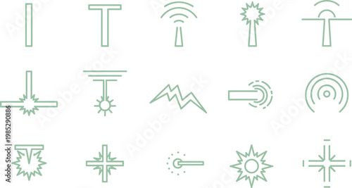 Laser beam and energy effect icon set in minimal outline style featuring radiation symbols for scientific technology and industrial applications