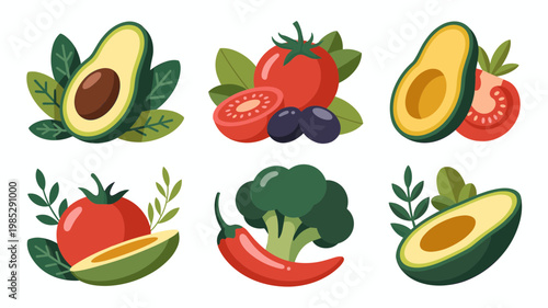 Healthy Food Vector Set Avocado, Tomatoes, Olives, Broccoli and Herbs Collection