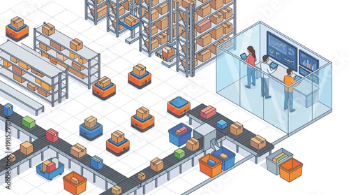 Isometric smart warehouse logistics with autonomous robots and workers monitoring data, digital supply chain automation, delivery center management, industrial technology vector illustration
