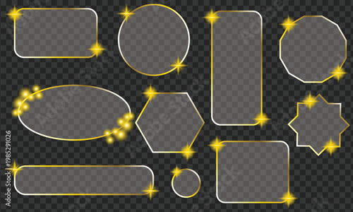 Luxury golden glass frames with star sparkle effects on transparent background
