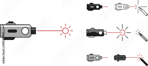 Laser device icon set in flat style featuring beam emission optics tools for industrial technology applications and scientific design