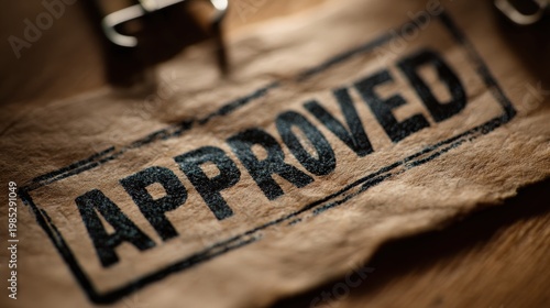 The word APPROVED prominently stamped on a weathered piece of paper, symbolizing confirmation and official endorsement in a close-up shot. ..Created with Generative AI, not depicting real subjects.