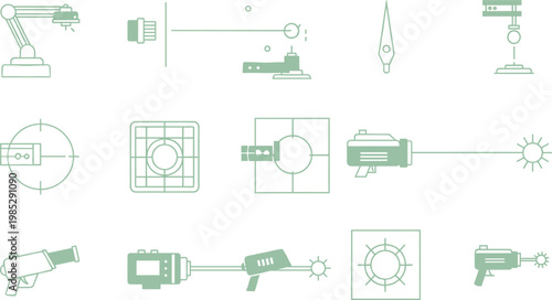 Laser equipment and targeting icon set in minimal outline style featuring industrial tools optics and precision measurement for technology applications