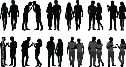 Silhouettes of diverse couples walking holding hands whispering and arguing in social settings, casual lifestyle figures depicting relationship emotions and interactions