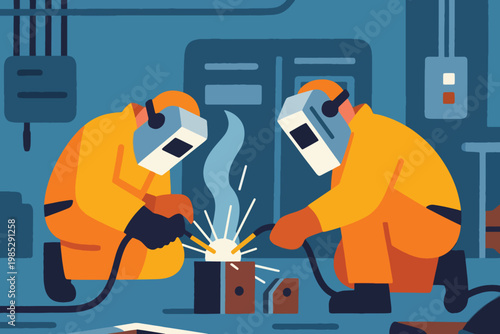 Illustration Of Two Welders Wearing Safety Suits Welding Metal Vector Design Template