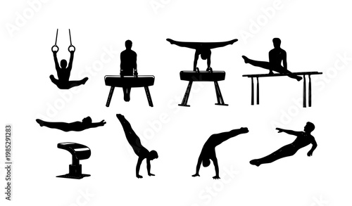 Male artistic gymnastics silhouettes vector set with athletes performing apparatus poses black icon collection