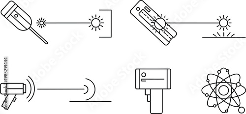 Laser technology icon set in minimal line style featuring scientific equipment optics radiation and industrial applications for modern design