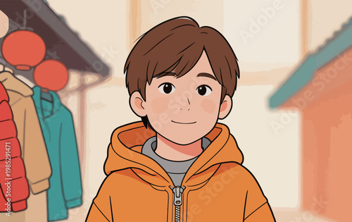 Boy in Orange Hoodie at Outdoor Market