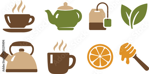A collection of tea elements cups pots leaves and citrus fruits in a flat design