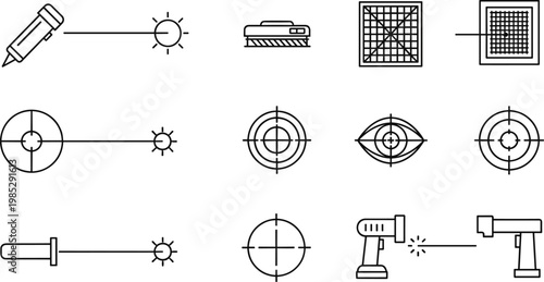 Laser tools and targeting icon set in minimal outline style featuring optics equipment for industrial technology and scientific applications
