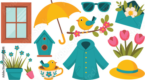 Flat cartoon spring summer illustration set with umbrella birdhouse tulips flowers sunglasses raincoat and seasonal decorative elements