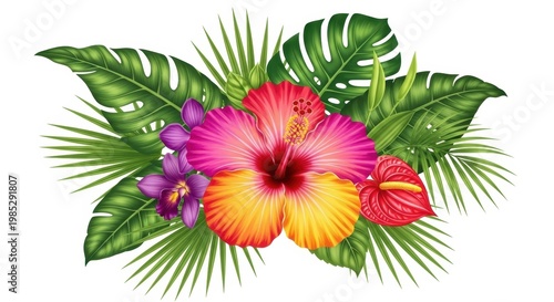 Tropical hibiscus flower arrangement, exotic pink and yellow floral bouquet with palm leaves, vibrant jungle foliage composition on white background