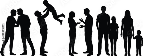 Vector Silhouette Illustration of Diverse People and Families Including Couples Conversing and Parents Playing with Children Isolated on White Background