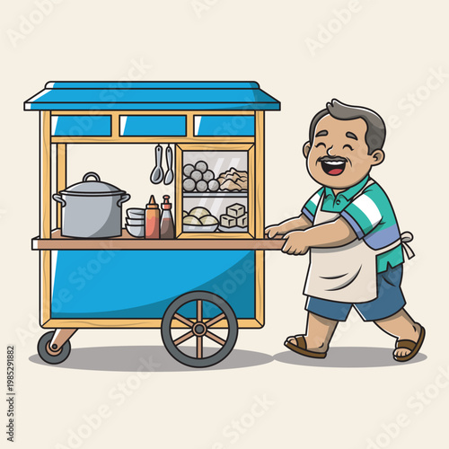 Meatball Seller Pushing Cart Cartoon Vector
