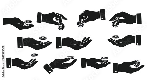 Hand Giving Money Icons: Collection of Silhouette Icons Showing Financial Transactions