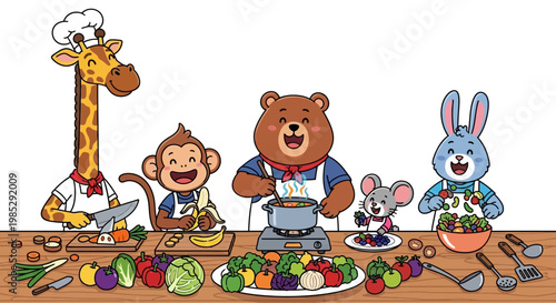 Cartoon animals cooking and preparing healthy food together on a table with various vegetables and fruits in a colorful animation style isolated on a white background.