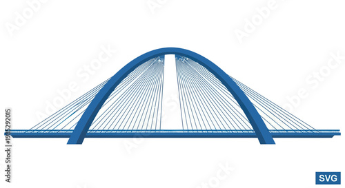 Modern Cable-Stayed Bridge Arch Structure, Blue Design, White Background