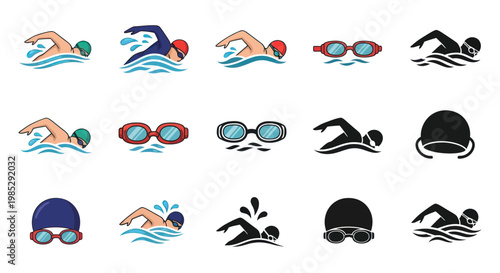 Swimming Icons Set: Swimmers, Goggles, Caps, Water Splash - Vector Graphics