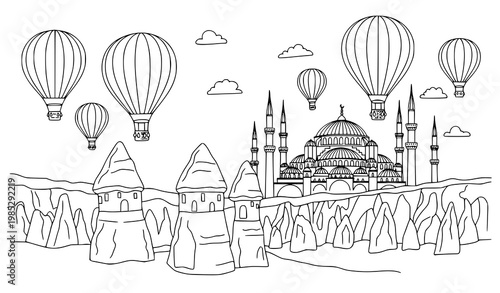 Turkey Travel Doodle Vector with Cappadocia Balloons and Mosque Outline Illustration
