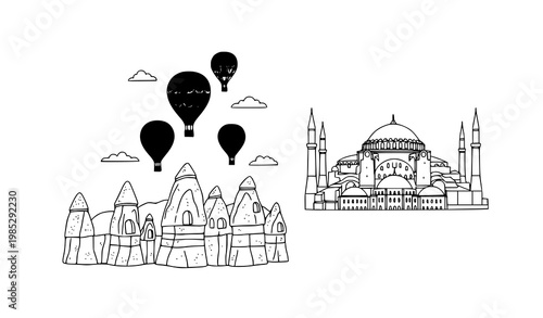Turkey Landmarks Doodle Illustration with Göreme Balloons and Hagia Sophia Outline Vector