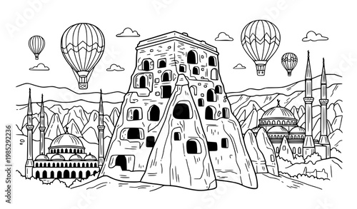 Turkish Travel Scene Doodle Vector with Balloons Rock Formations and Mosque Outline