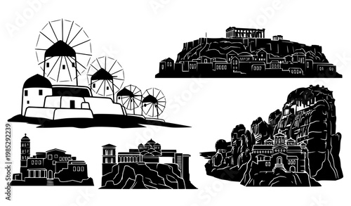 Greece Travel Silhouette Set Vector with Mykonos Windmills Athens Skyline and Meteora Monasteries