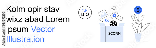 E-learning, sustainability, digital assets, SCORM content storage, finance management, and education. A SCORM box with multimedia icons and a growth plant. E-learning and digital assets concept