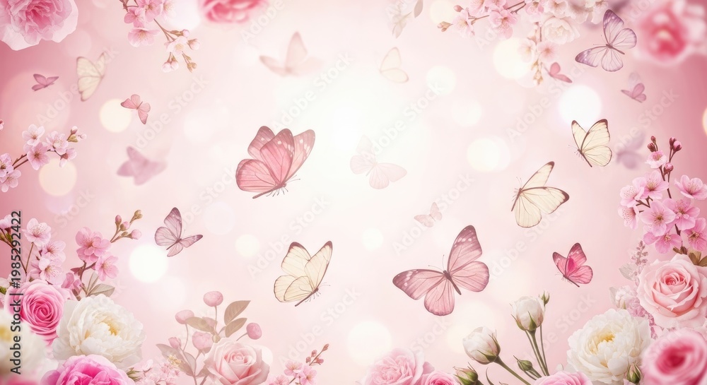 Fototapeta Dreamy pink butterfly background with spring roses, ethereal floral wallpaper with flying butterflies, soft pastel bokeh flower garden backdrop