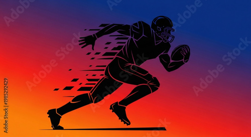 American football player running with ball on vibrant gradient background motion blur effect