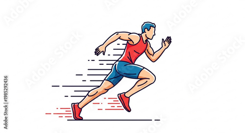 Man running fast in red and blue athletic wear with motion lines