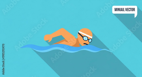 Swimmer wearing goggles and cap swims in blue water with minimalist vector style