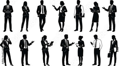 Vector Silhouette Illustration of Professional Business People Men and Women in Formal Suits Using Devices and Talking Isolated on White Background